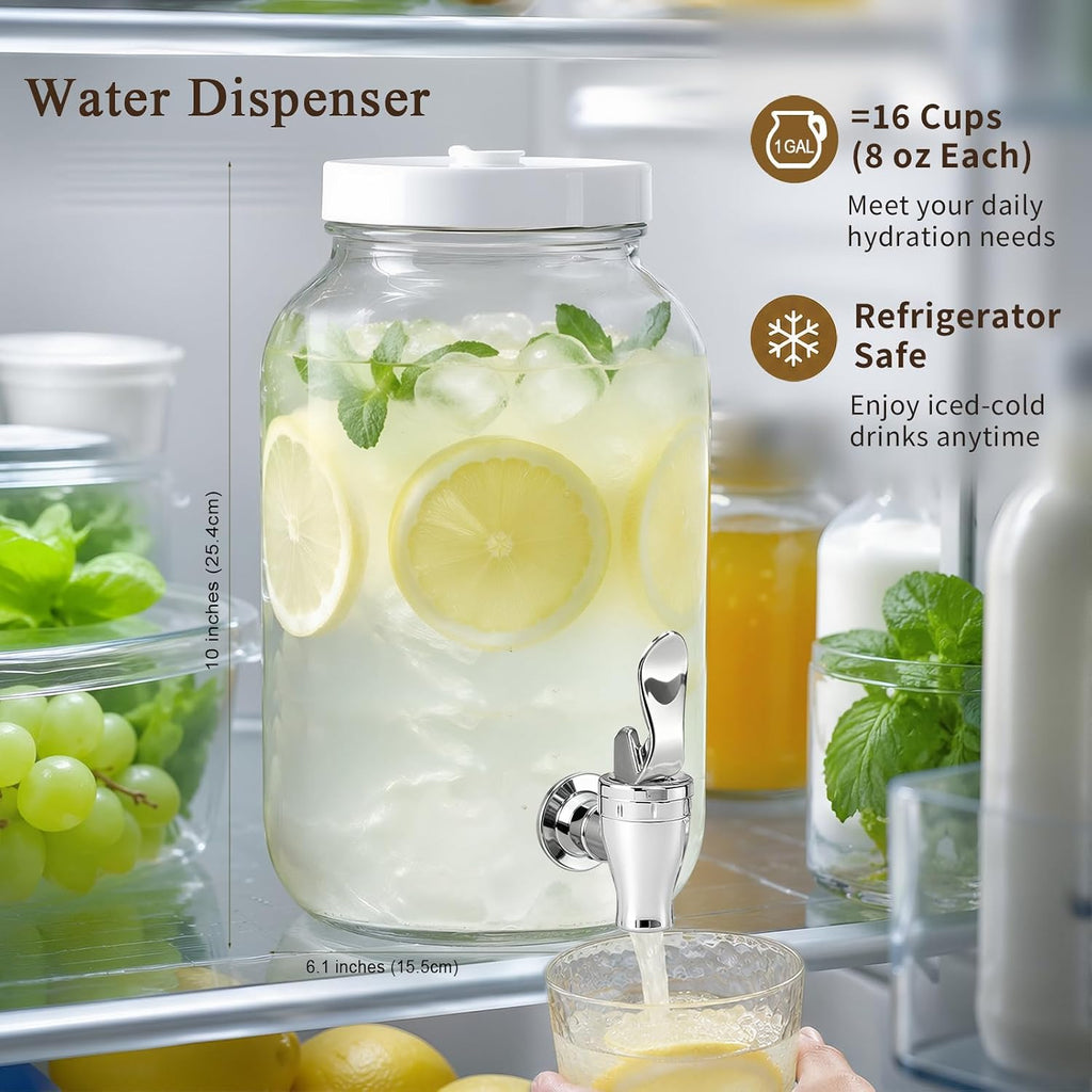 Gallon Large with Stand for Parties, Glass Iced Beverage Dispensers with Spigot, Reusable Water Dispenser - Set of 2