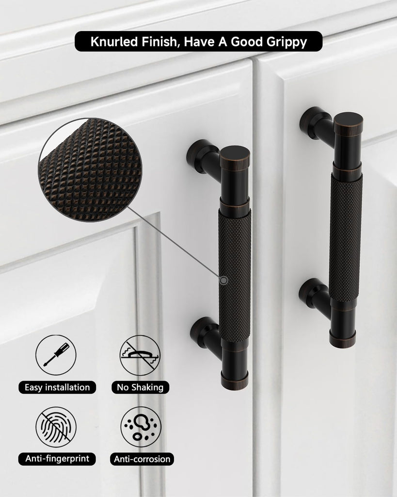 Oil Rubbed Bronze Knurled Cabinet Handles Kitchen Pulls 3.75 Inch 10 Pack