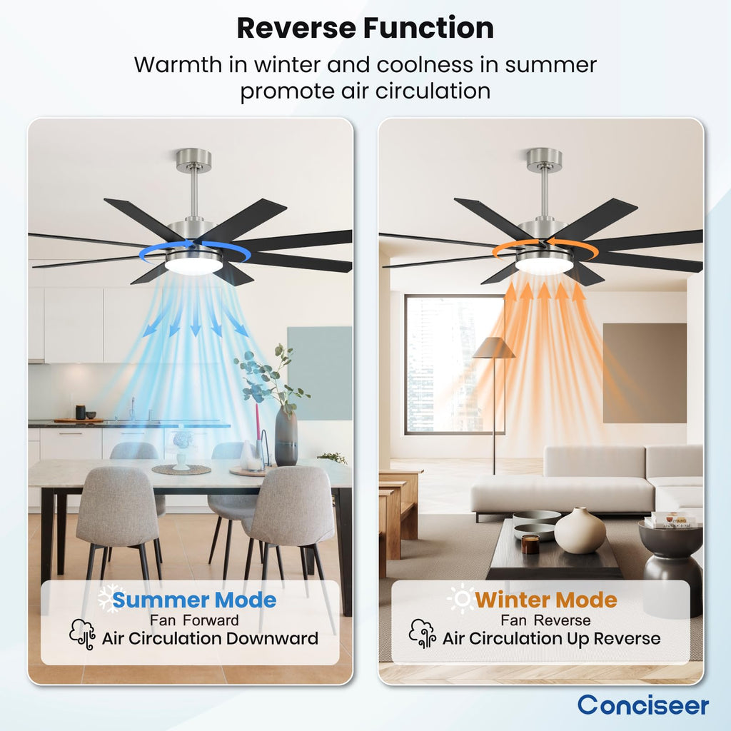 60 Inch Ceiling Fans with Lights and Remote, Dual Color 6 Blades, Bedroom Living Room Office Library Cafe Outdoor