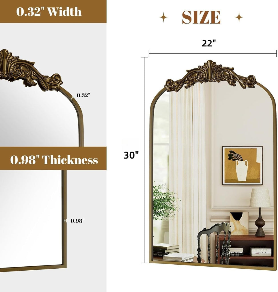 Vintage Arched Wall Mirror, 30"x22" Bronze Antique Bathroom Mirror