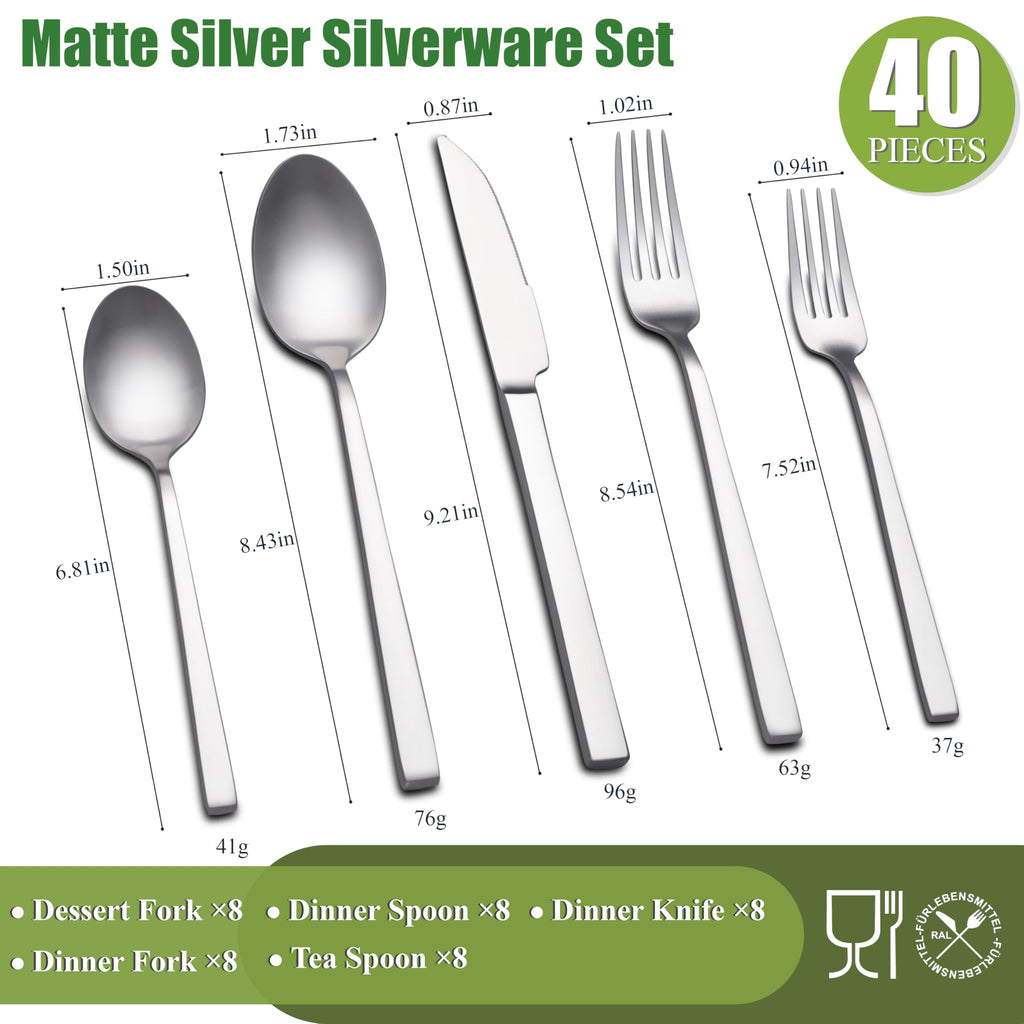 Forged Silverware Set for 8, Stainless Steel Matte Flatware Sets
