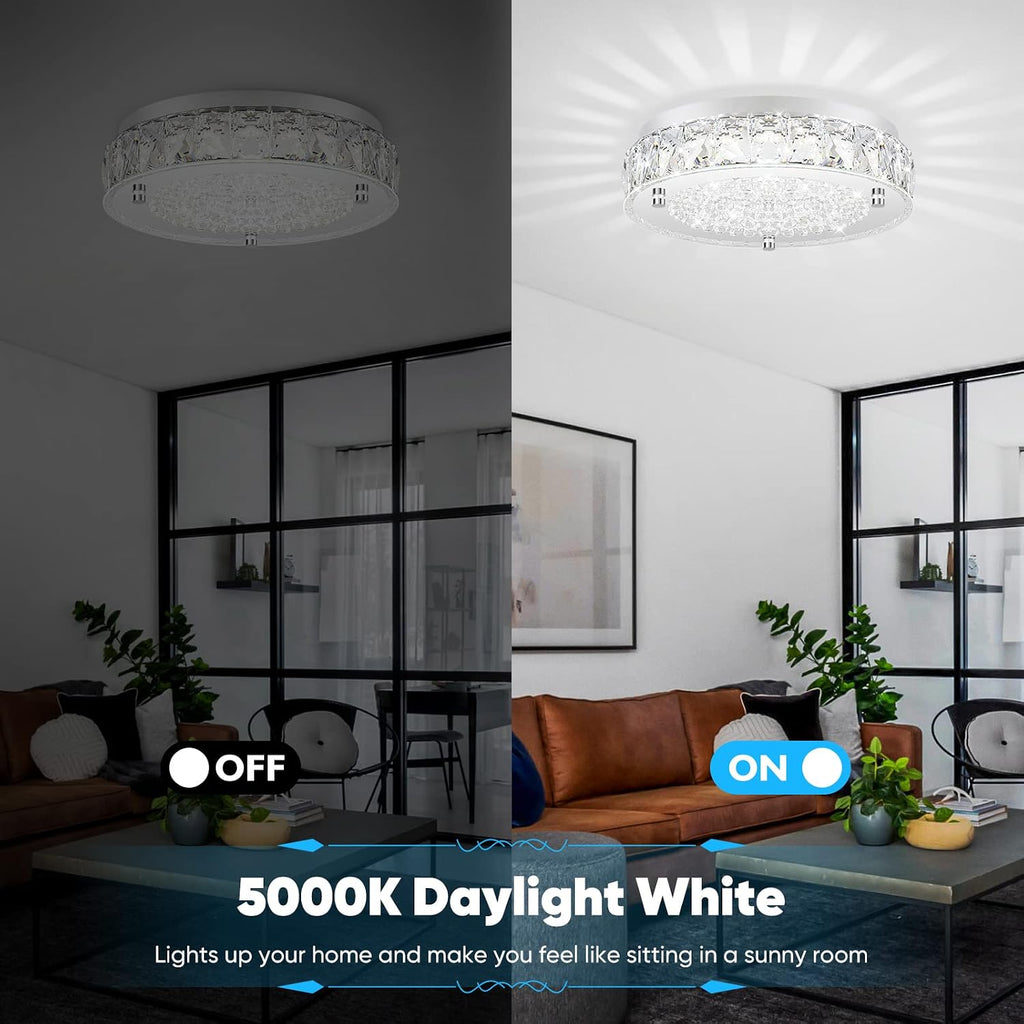 Crystal Chandeliers Flush Mount LED Ceiling Light Fixture, 5000K Daylight White Super Bright 1980LM 11-Inch Dimmable