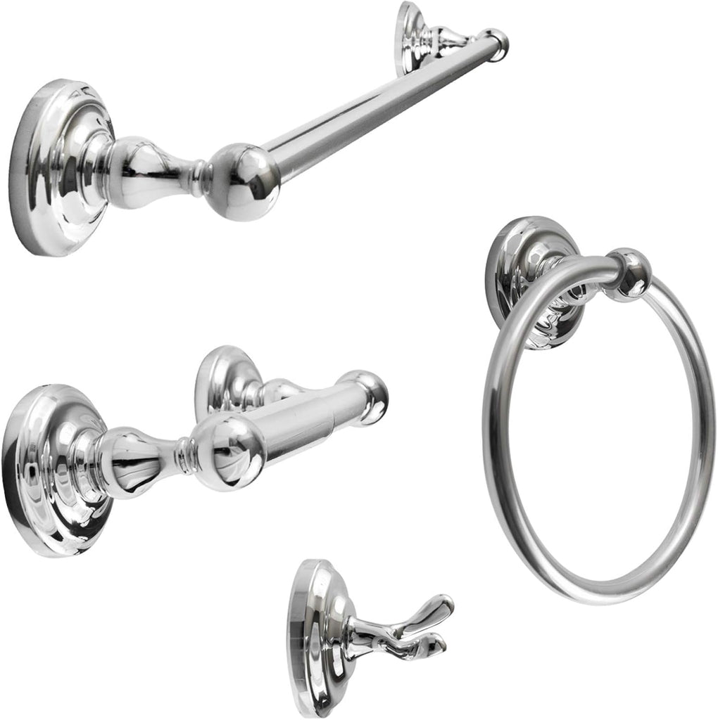 Modern Silver Bathroom Hardware Accessories Set, Includes Robe Hook, Toilet Paper Holder, Towel Ring, 24" Towel Bar