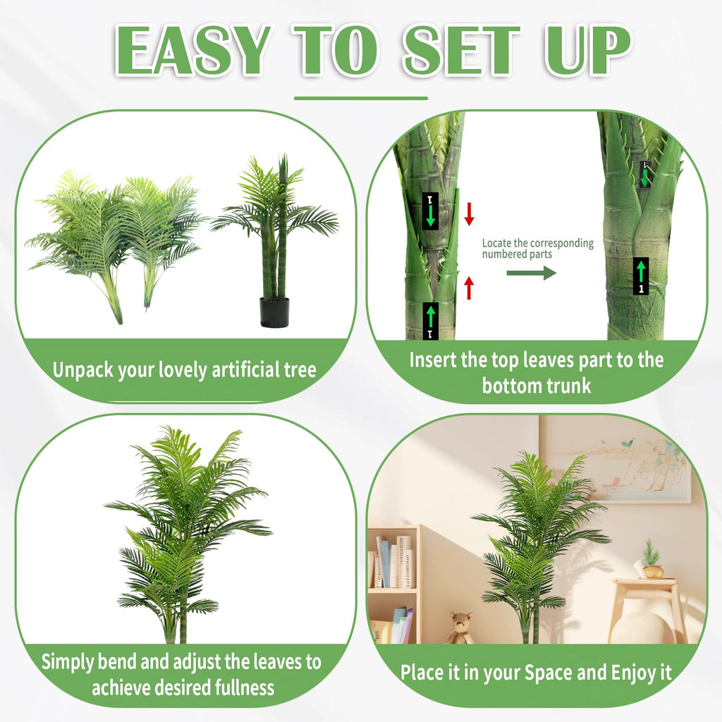 5FT Artificial Palm Tree - Faux Golden Cane Palm Tree Tropical UV Resistant Fake Plant Indoor with Weighted Pot Home