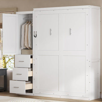 Folding Bed Cabinet Full with Storage, Hidden Murphy Bed with Drawers and Wardrobe, White