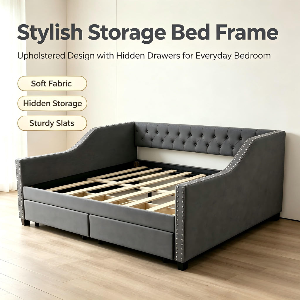 Upholstered Full Size Daybed with 2 Storage Drawer, Grey