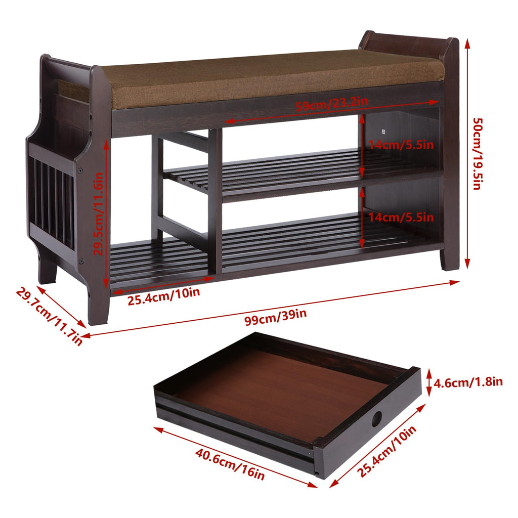 39-Inch Bamboo Shoe Bench, 2-Tier Shoe Rack with Padded Cushion