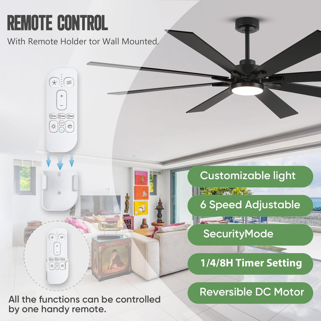 72 Inch Large Industrial Ceiling Fan with Light and Remote, Matte Black Outdoor Ceiling Fans DC Motor with 8 Plywood