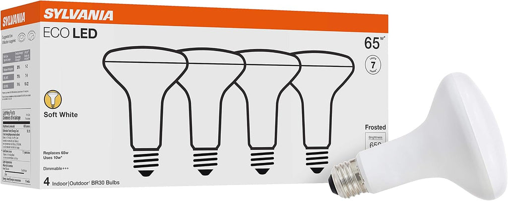 ECO LED BR30 Light Bulb, 65W = 10W, Dimmable, Frosted Finish, 650 Lumens, 2700K, Soft White - 4 Pack