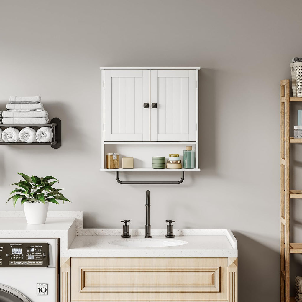 Bathroom Cabinet Wall Mounted Medicine Cabinets with Towels Bar (White)