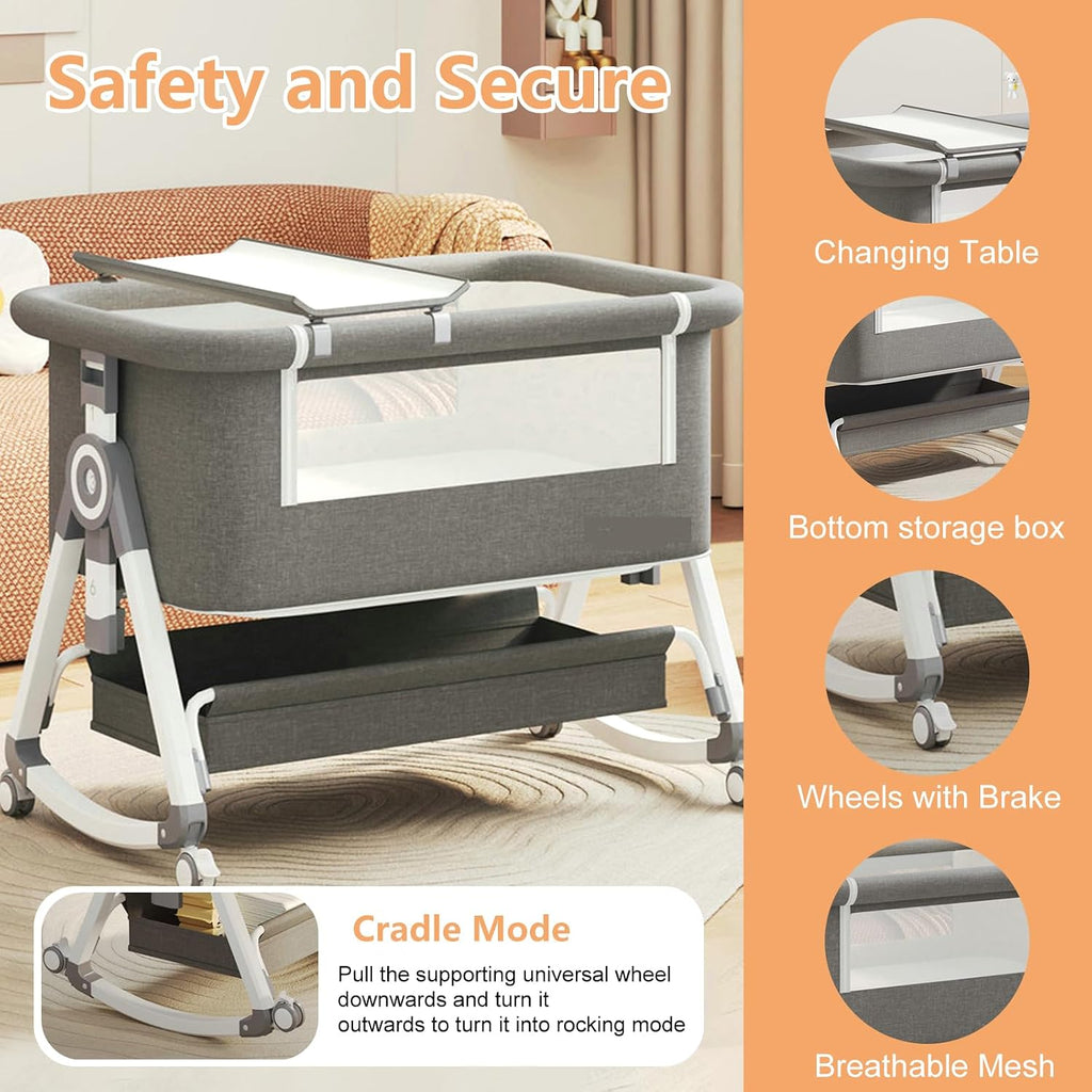 4 in 1 Baby Bassinet, Rocking Bassinets Bedside Sleeper with Comfy Mattress and Wheels, 6 Height Adjustable Easy