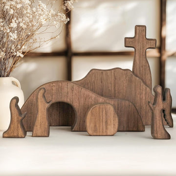 Empty Tomb Easter Scene and Cross Decoration, Wooden Jesus Resurrection Nativity Set, Religious Christian Tabletop - Set of 7