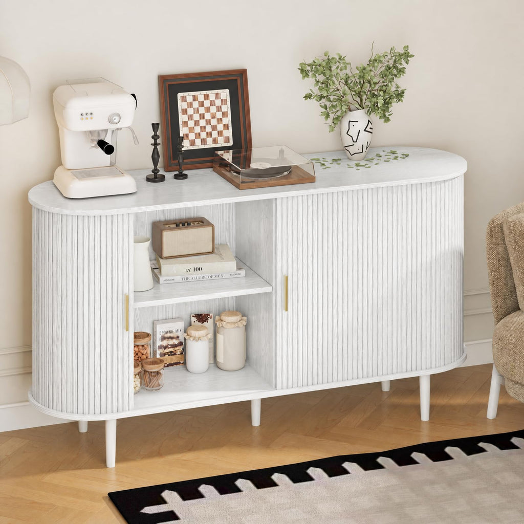 Sideboard Buffet Cabinet with Storage, 55 Inch Mid Century Modern Fluted Credenza with Sliding Door & Adjustable