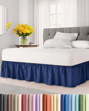 CGK Wrap Around Dust Ruffle Bed Skirt - Queen Size, 15" Inch, Navy Blue