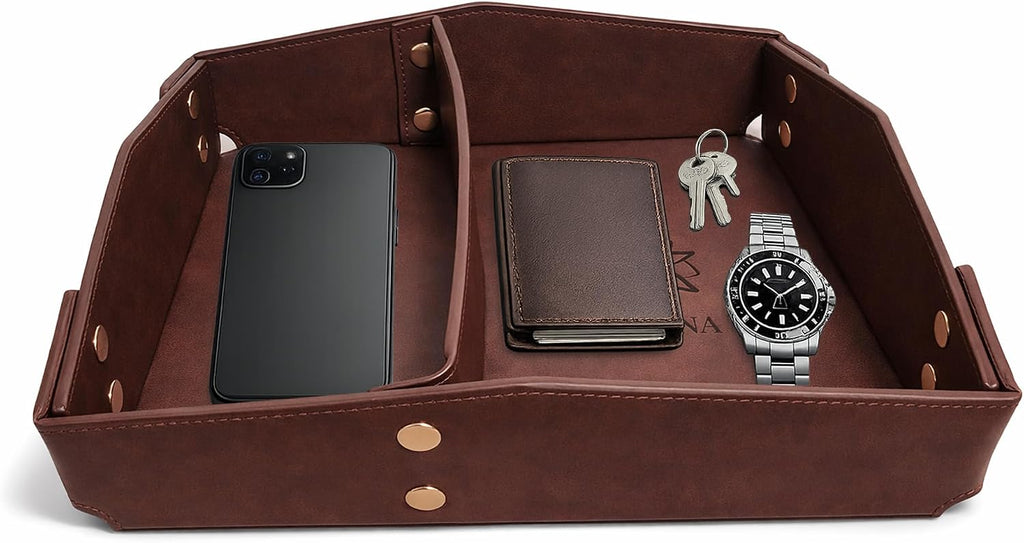 Valet Tray Organizer for Men & Women - PU Leather Catch All Tray with Removable Divider - EDC Storage for Keys - Set of 2