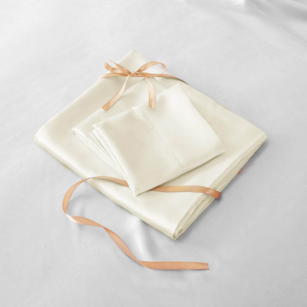 Satin Fitted Sheet & Pillowcase Set, Cal King Size, Beige, 3-Piece