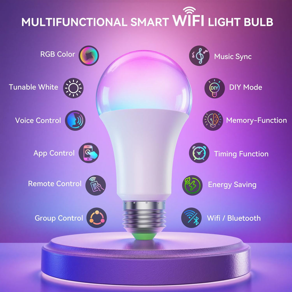A19 Smart Light Bulbs with Remote, RGB+CCT Color LED Bulbs, 2-Pack