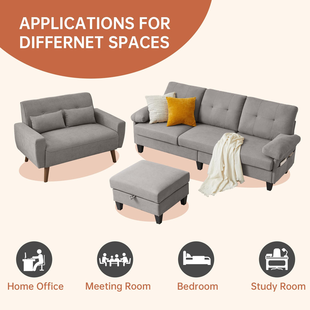 2 Pieces Sectional Sofa Set, 79" 3-Seat L Shaped Couches with Storage Ottoman and 48" Loveseat Sofa Set Polyester