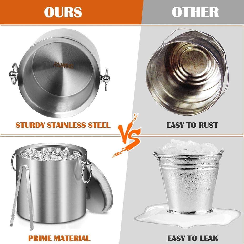 Ice Bucket with Lid & Tong- Well Made Insulated Stainless Steel Keep Ice Frozen Longer