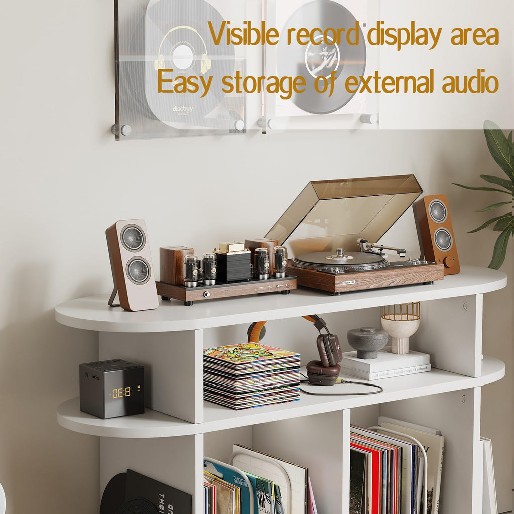 Large Round Record Player Stand, Wood Record Storage Cabinet, Vinyl Record Holder with Display Area, Mid Century