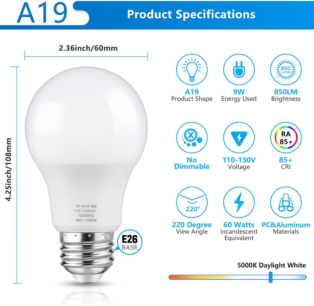 A19 LED Light Bulb, 60 Watt Equivalent LED Bulb, Daylight White 5000K, 850 Lumen, E26 Base, Non-Dimmable, 9W Bright