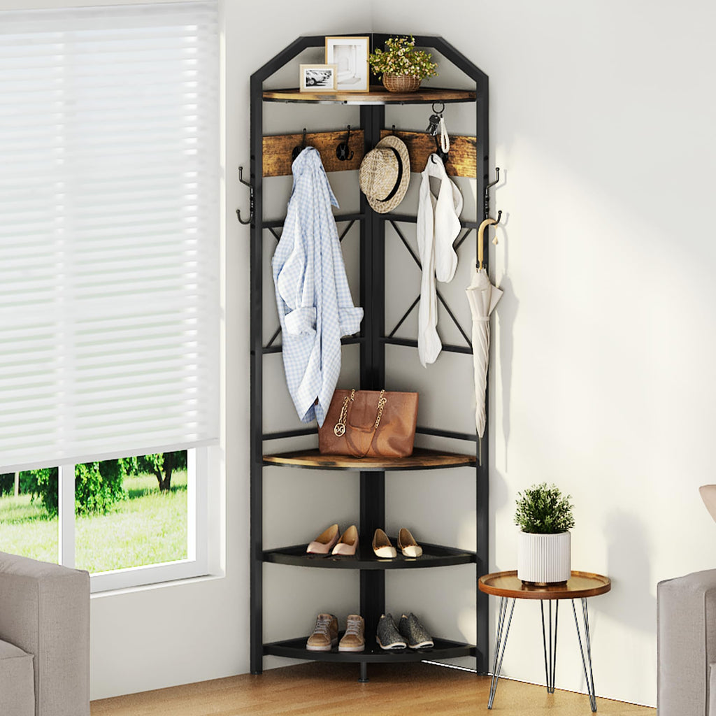 Corner Coat Rack with Storage, Entryway Corner Hall Tree with Shoe Bench and 10 Metal Hooks, Farmhouse Clothes Rack
