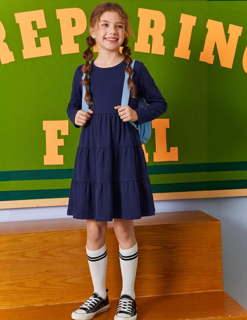 Girl Long Sleeve Dress Tiered Ruffle Swing Tunic Shirt Dress