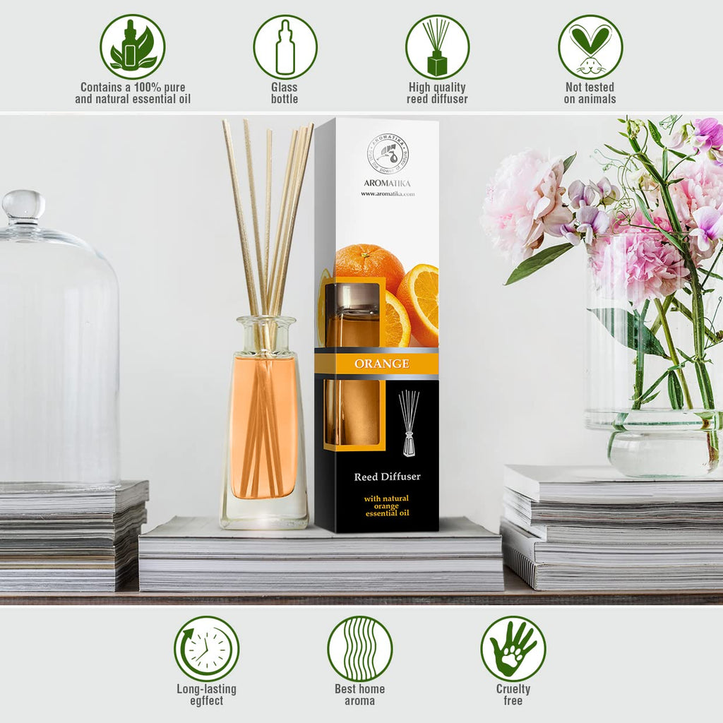 Orange Diffuser w/Orange Oil 3.4 Fl Oz - Fresh Room - Long Lasting Fragrance - Scented Reed Diffuser Orange