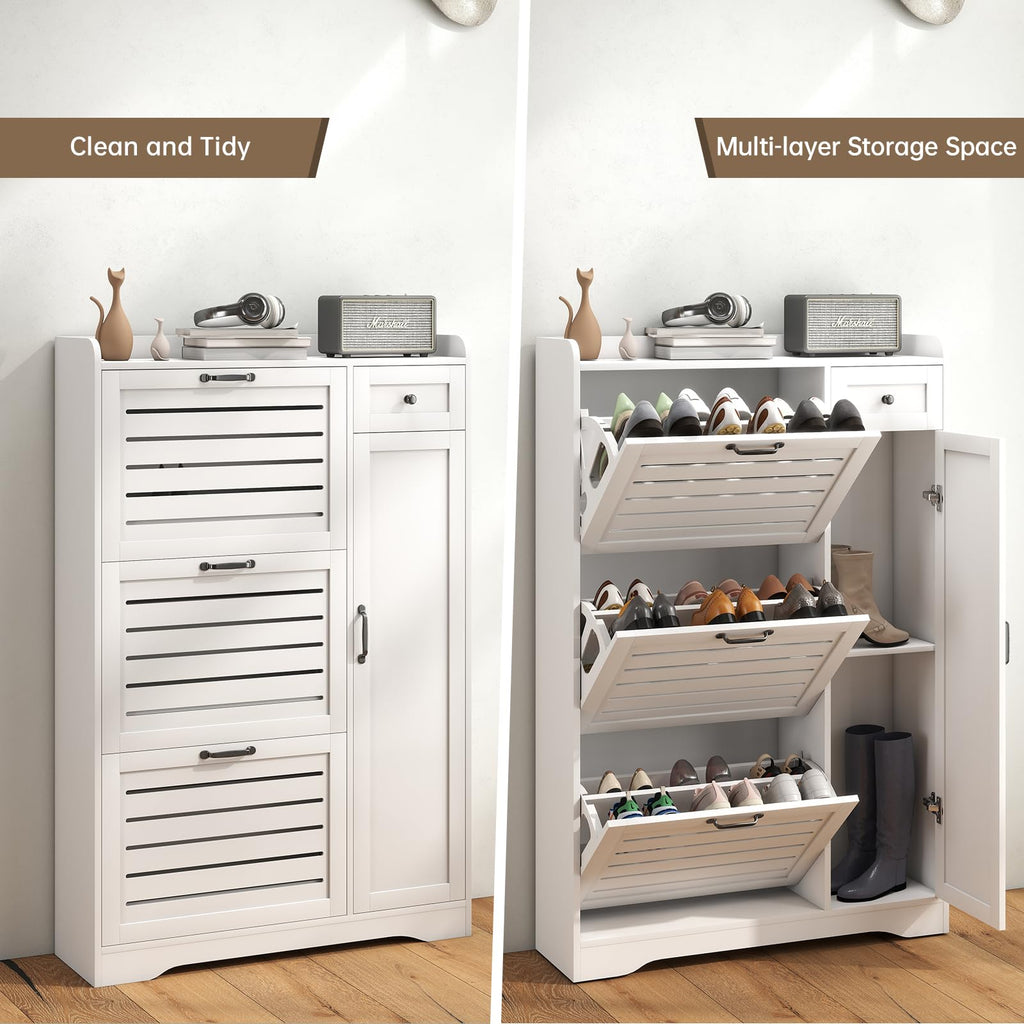Shoe Storage Cabinet with 3 Flip Drawers, Freestanding Hidden Wooden Shoe Storage, Drawer & Adjustable Shelves, Slim