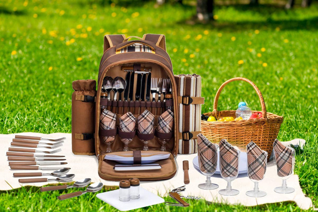 Backpack, 4-Person with Blanket & Wine, Family & Lovers Gift, Brown