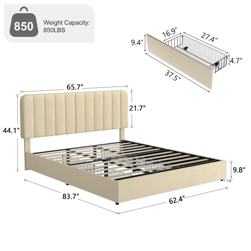 King Size Upholstered Bed Frame with 4 Drawers and Headboard, Velvet Platform Storage Bedframe, Wooden Slats Support