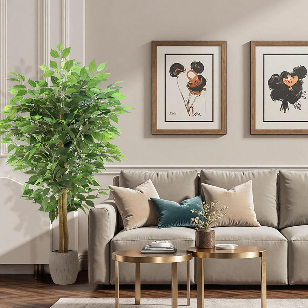 6FT Artificial Ficus Tree, Tall Realistic Faux Tree, Large Fake Potted Greenery Low-Maintenance Decor Porch, Plantas
