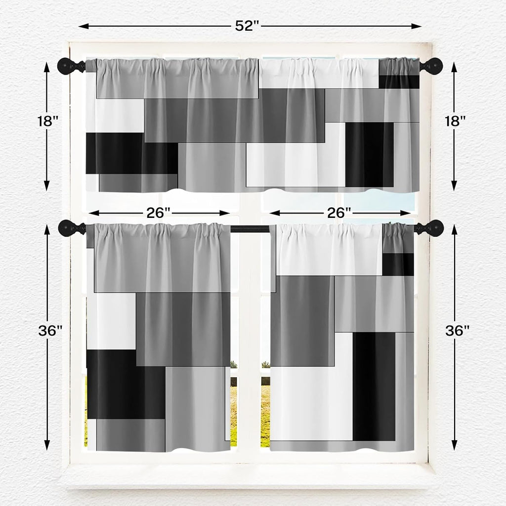 Black White Gray Kitchen Window Curtains Valance and Tier Set 36 Inch, Dark Grey Modern Geometric Rod Pocket Short