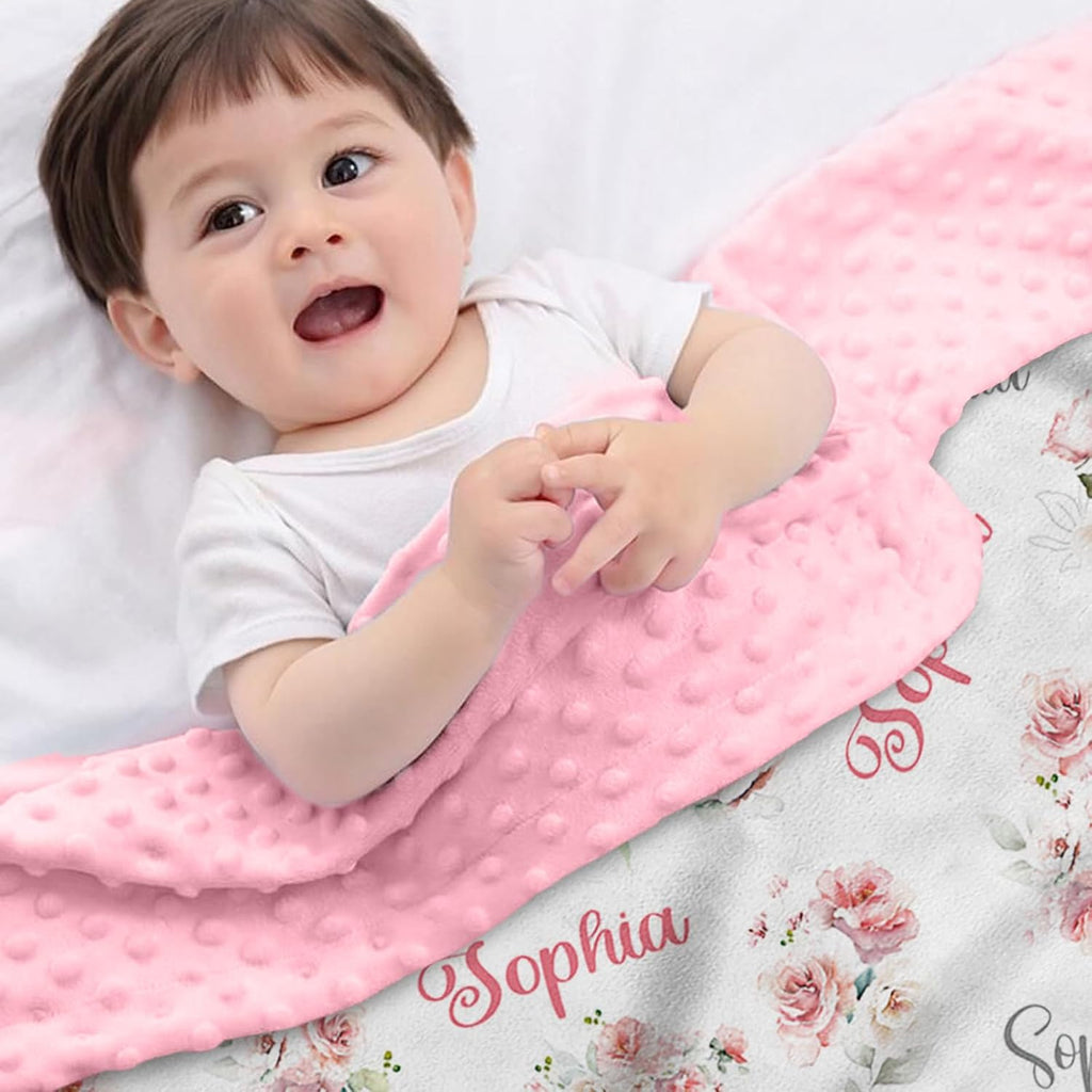 Personalized Baby Blankets with Name - Custom Pink Floral Pattern Baby Girl Blanket - Soft Minky Dot Blanket