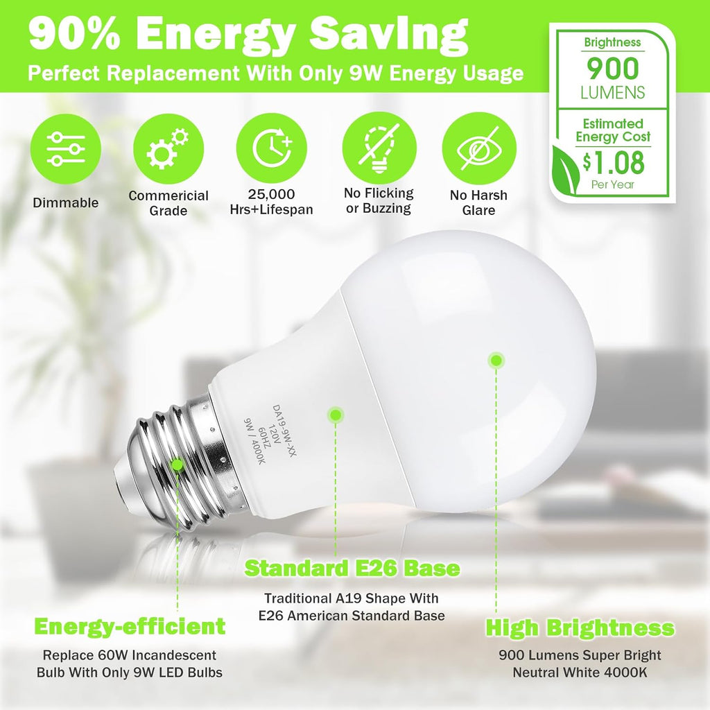 A19 LED Light Bulb, 60W Equivalent Neutral White 4000K Dimmable