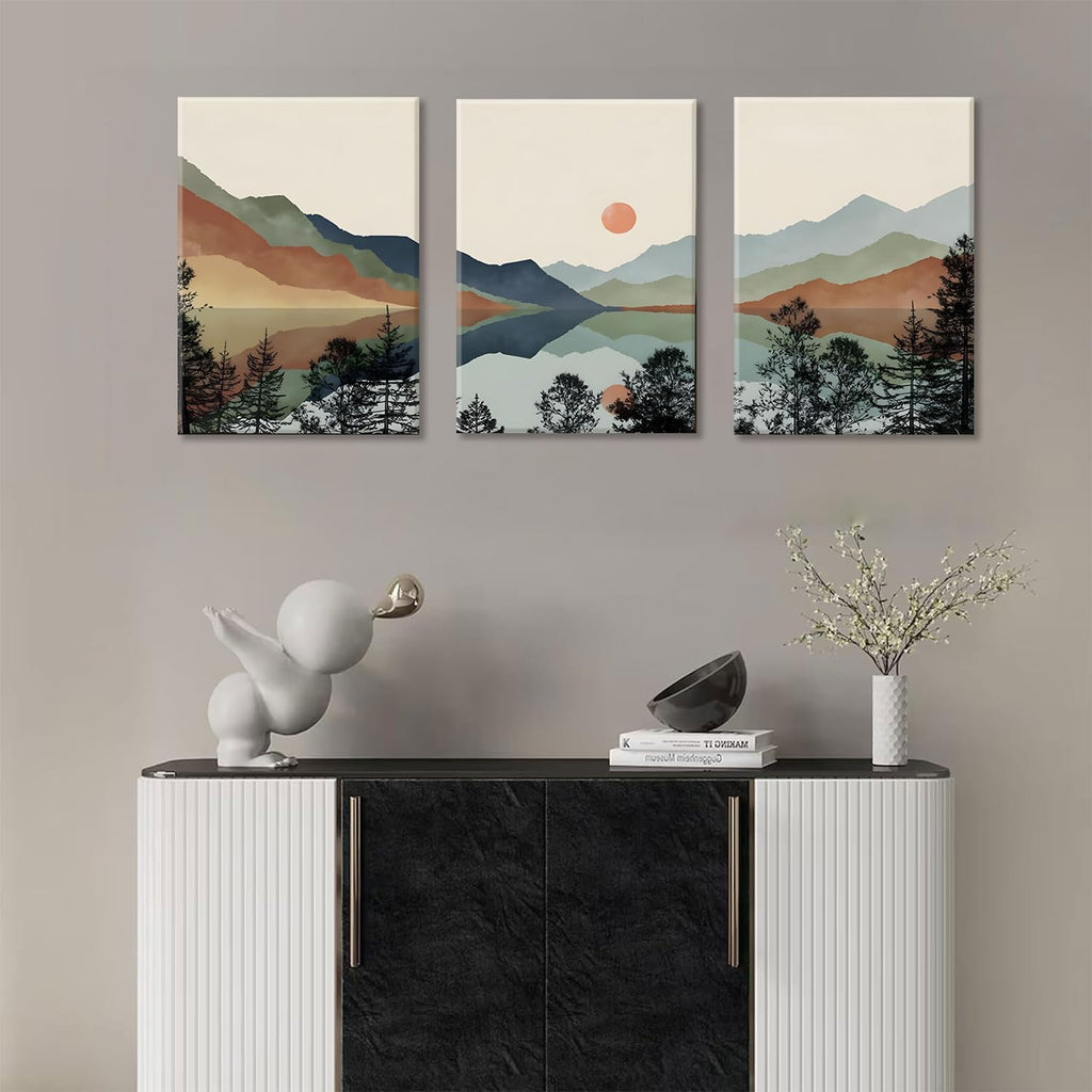 Canvas Wall Art Framed Mountain Wall Art Set of 3 Boho Watercolor Nature Landscape Picture Decor Sun Forest Abstract