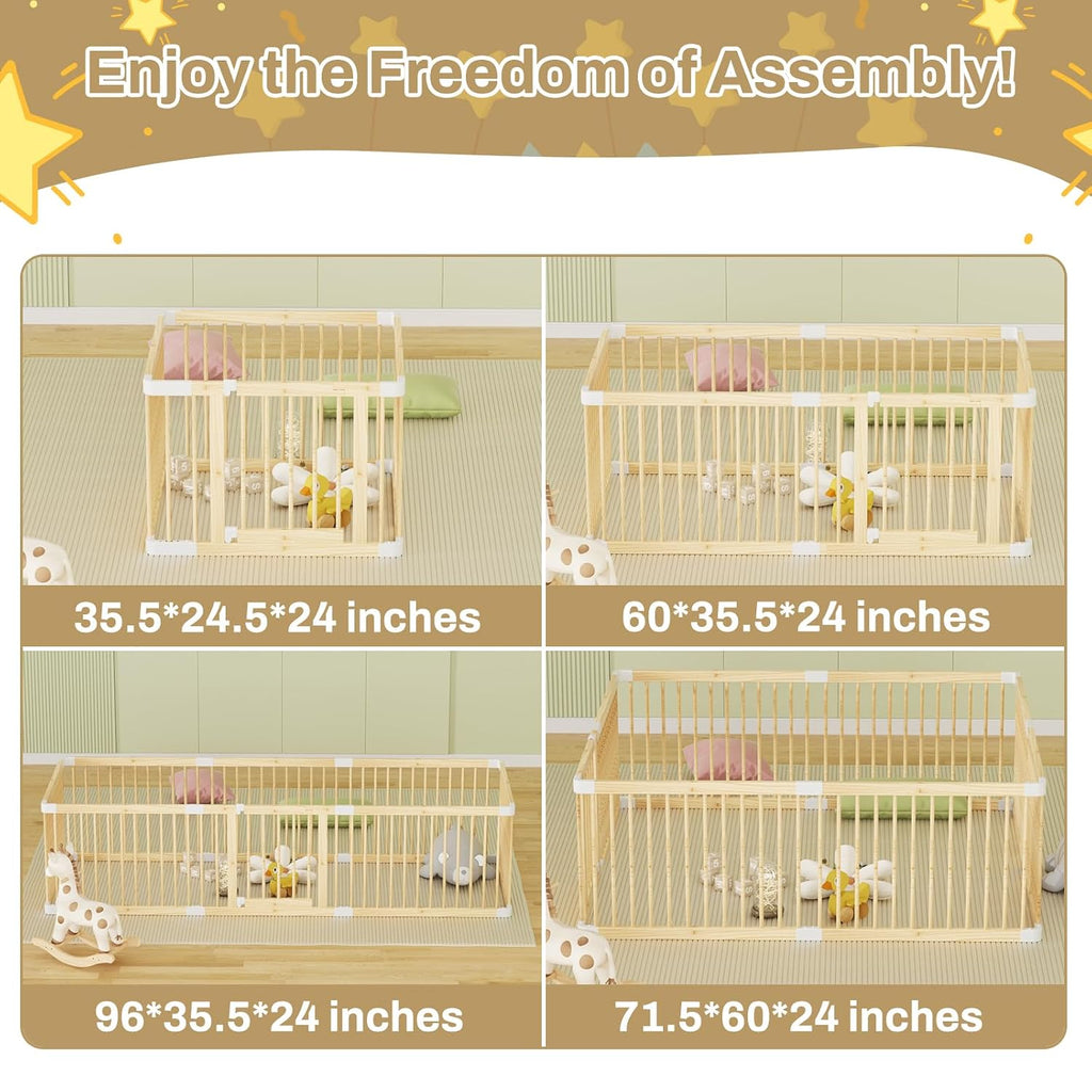 Wooden Baby Playpen, 71.5x60x24In Gate for Toddler and Babies | Natural Pine Wood Playard Double-Locking for