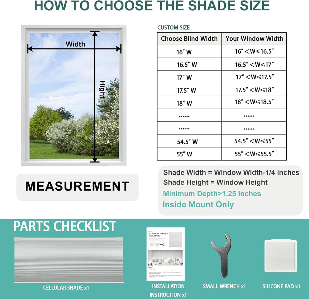 No Drill No Tools Blackout Cellular Shades,Cordless Blinds for Indoor Windows,Room Darkening Window Shades Honeycomb