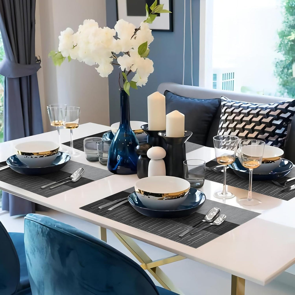 Black Placemats Washable Place Mats Vinyl Woven Table Mats Wipeable Placemat Dining Table Decoration Indoor - Set of 6
