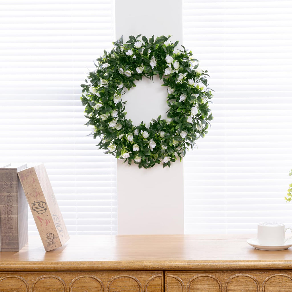 15" Front Door Boxwood Wreaths, Spring Summer Green Wreath White