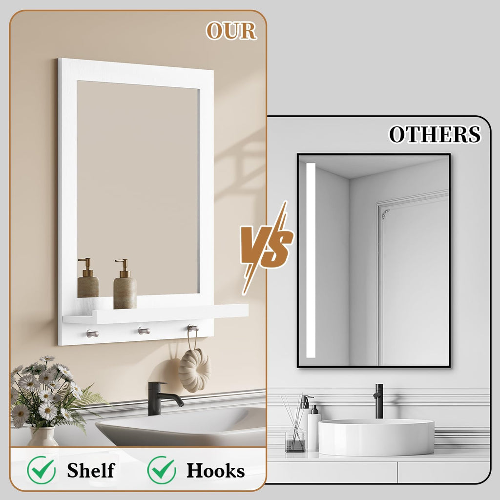 24" x 18.5'' Wood Wall Mirror with Shelf, Rectangular Hallway Mirror with Hooks, Hanging Wall Mirrors, White