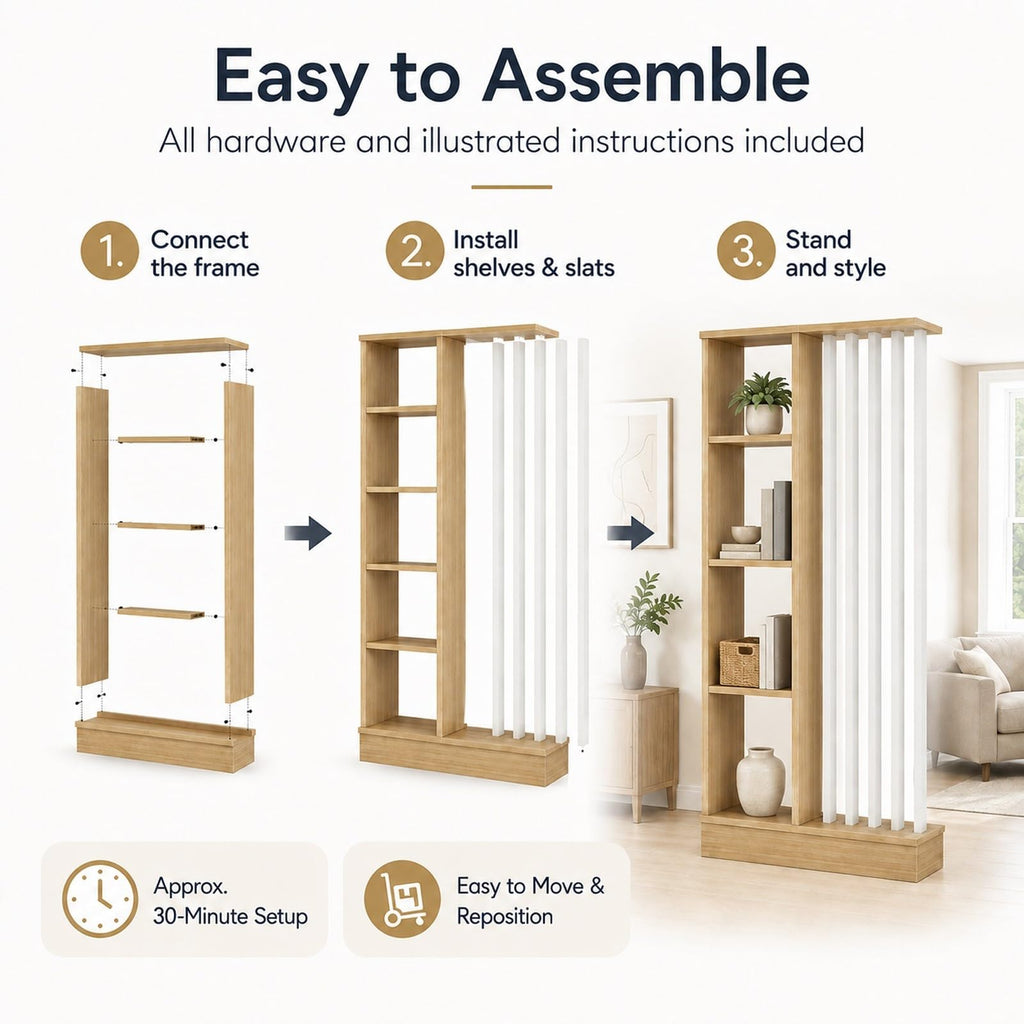 Wood Wall Room Divider with Storage Shelves Freestanding Slat Partition