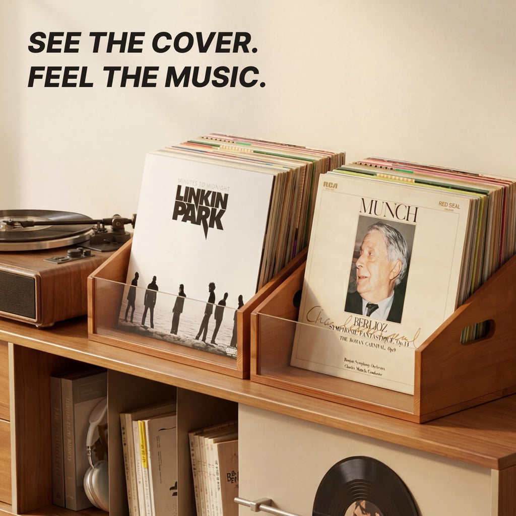 Vinyl Record Storage Crate, Solid Wood Rustic Record Box Holds 60 LP Albums