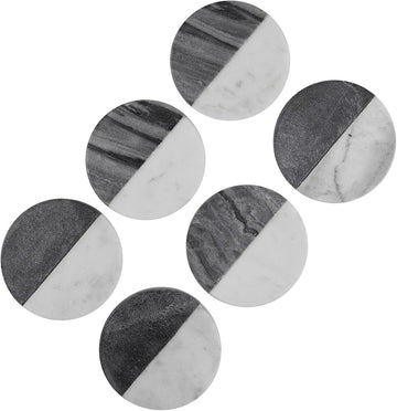 White & Grey Marble Coasters Round Handcrafted Stone Drink Coasters - Elegant Natural Marble - Set of 6