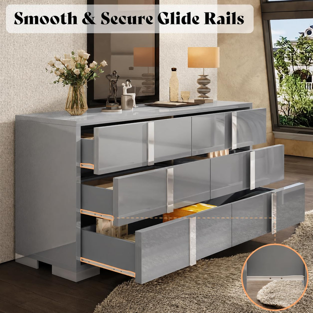 6 Drawer Dresser, Modern Storage Chest, High Gloss Finish, Grey