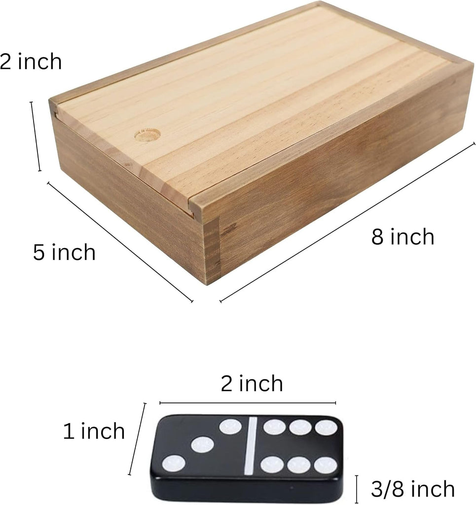 Double 6 Black Dominoes Set in Wooden Storage Case with Sliding Lid, Travel-Sized Domino Game for Adults - Set of 28
