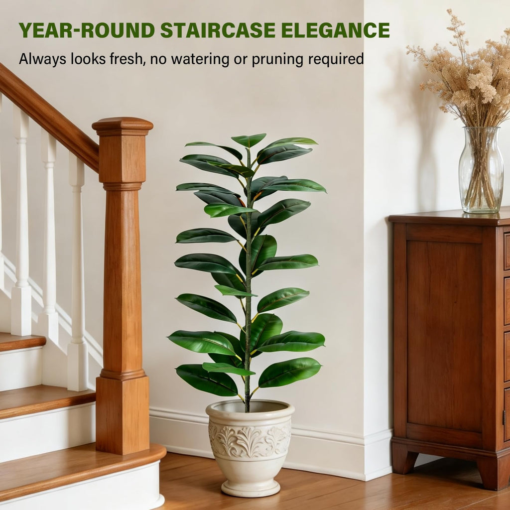 2 Pack Rubber Tree Floor Plant Fake Tree Indoor Fake Plants Artificial Plants Medium Faux Plants Bathroom Bedroom