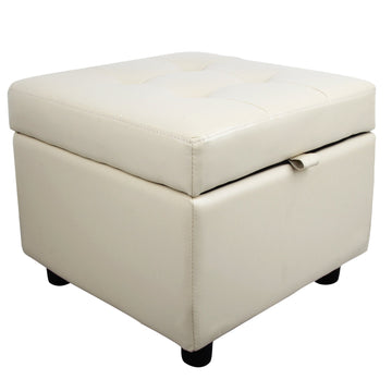 Tufted Leather Square Flip Top Storage Ottoman Cube Foot Rest (Cream with Storage)