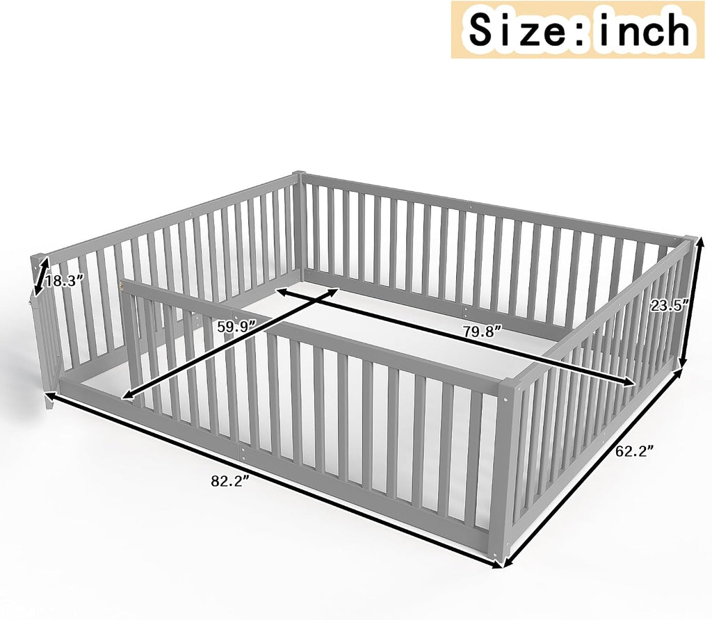 Queen Size Floor Bed with Detachable Door, Wood Kids Floor Bed Queen with Full-length Guardrails, Montessori Floor