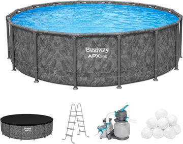 APX 365 16' x 48" Above Ground Pool, Round Metal Frame Outdoor Swimming Pool Set with Sand Filter Pump, Ladder, and
